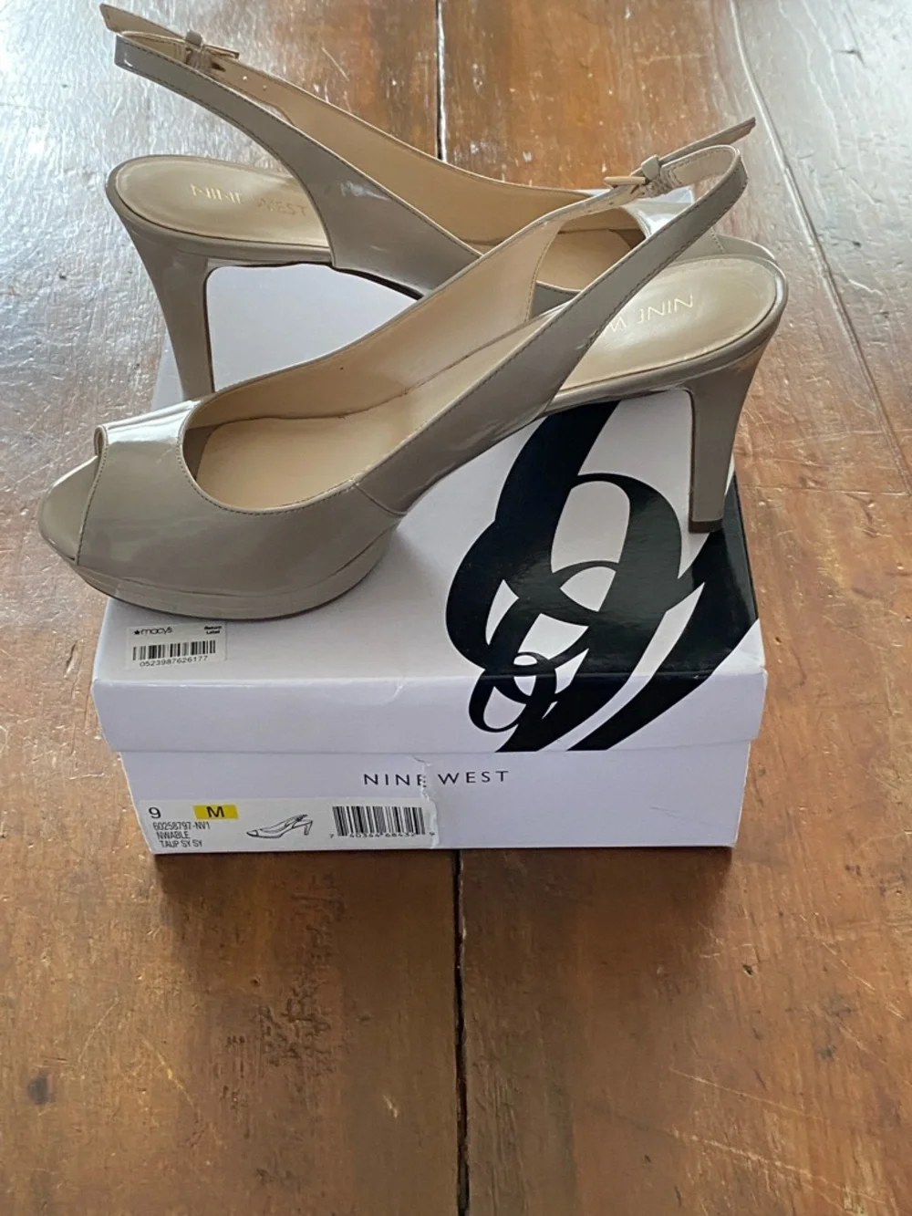 Nine West Taupe Patent Peep-Toe Slingback Heels - Picture 1 of 15